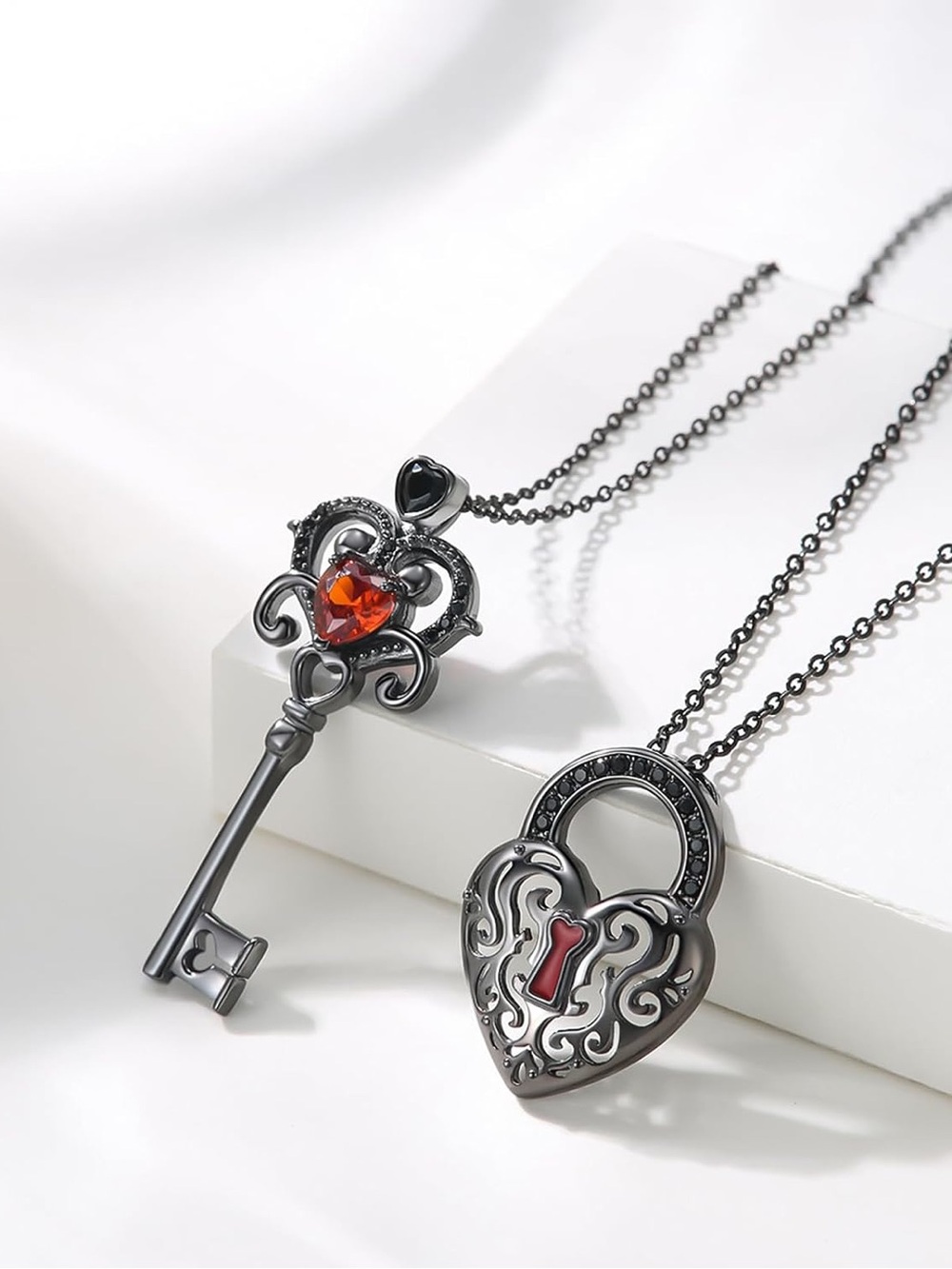 Gothic Heart Lock and Key Necklace Set for couples